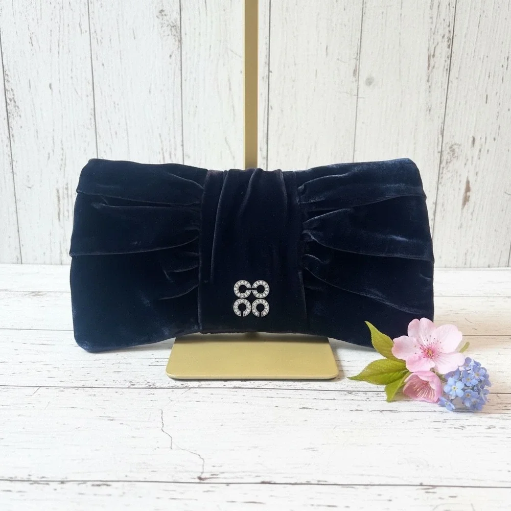 Coach Velvet Pleated Clutch Wristlet Black Purple Satin Snap Closure Evening Bag